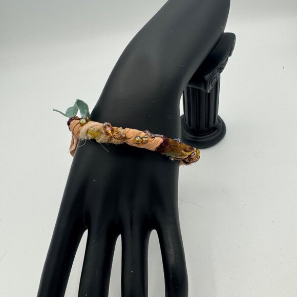 Handcrafted Bohemian Fabric Bracelet With Faux Beads & Frayed Edges - Picture 3 of 4